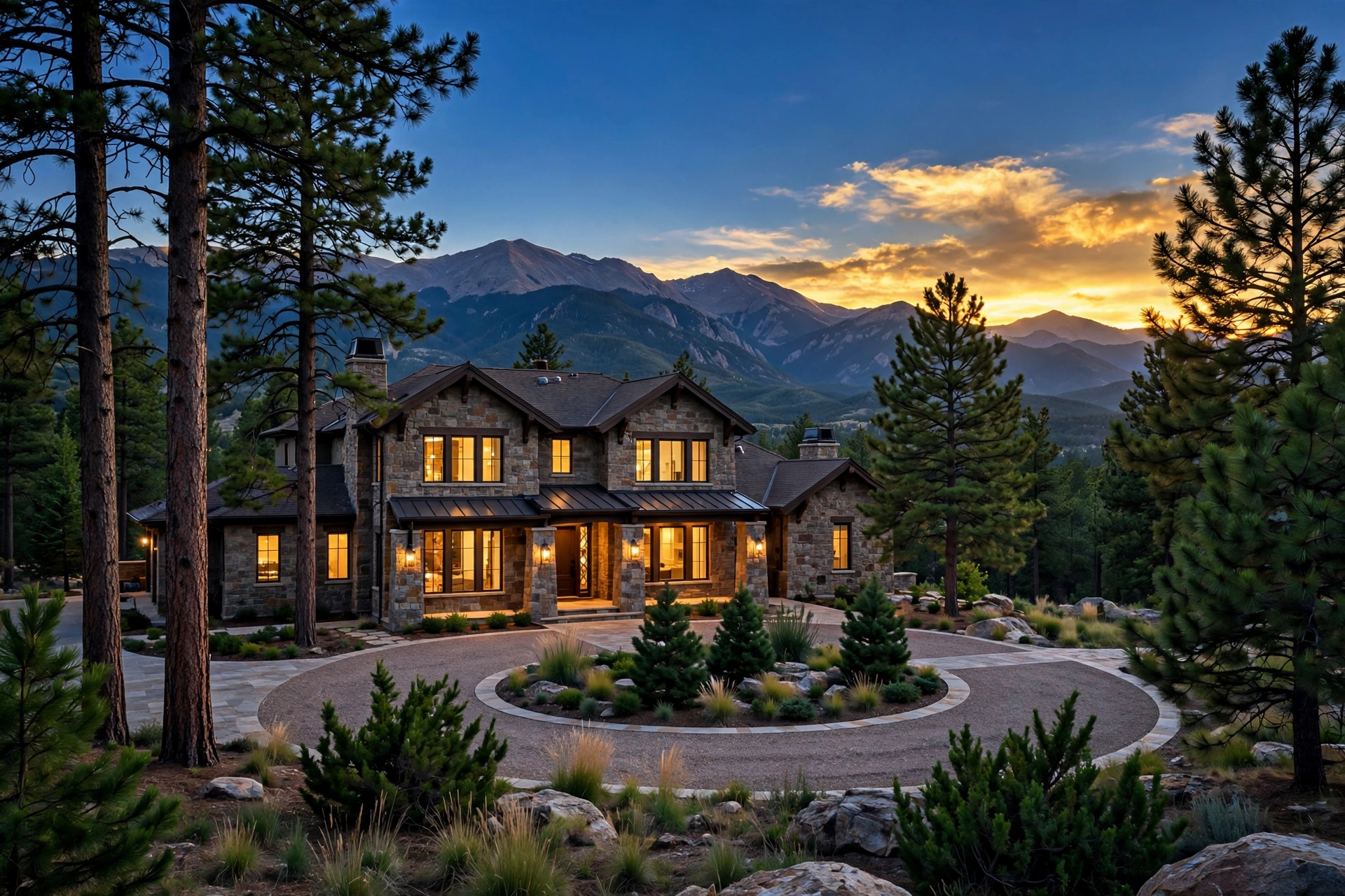 Luxury stone estate at twilight in Colorado