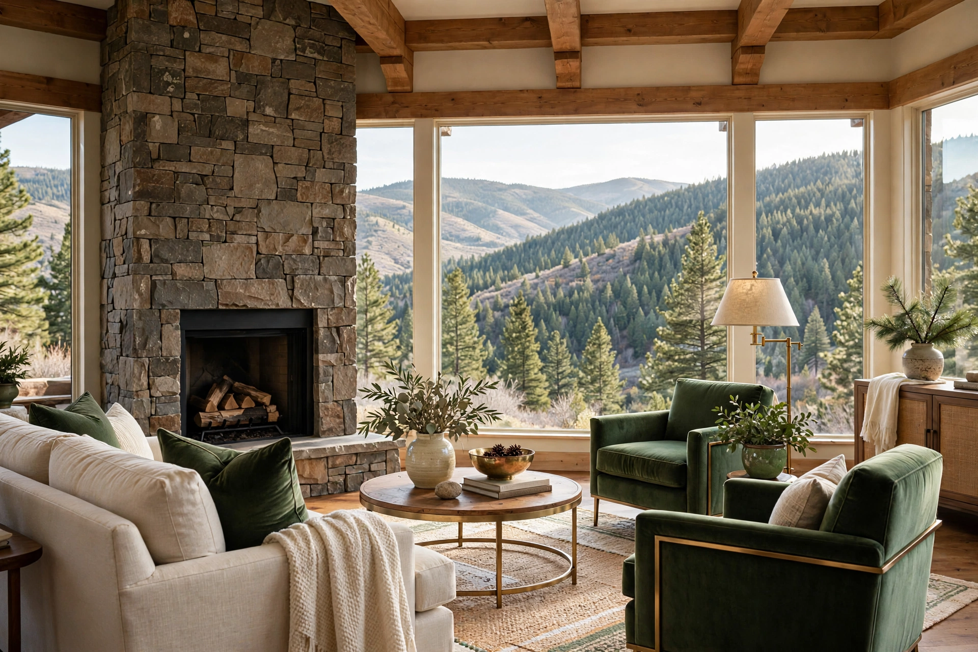 Luxury Colorado living room with stone fireplace and foothills views