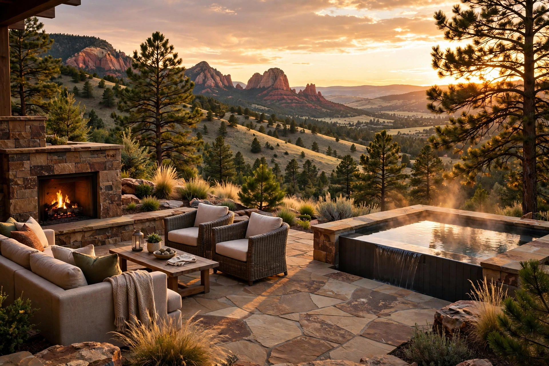 Luxury terrace with outdoor fireplace overlooking Colorado foothills